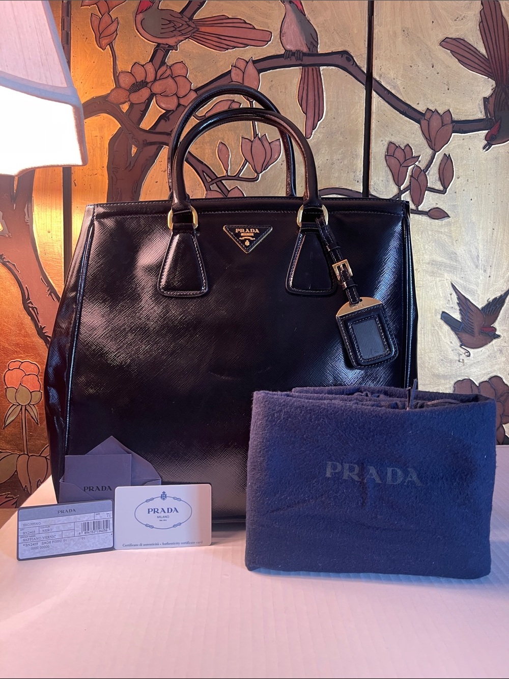 Prada Black Patent Saffiano Leather Top-Handle Satchel